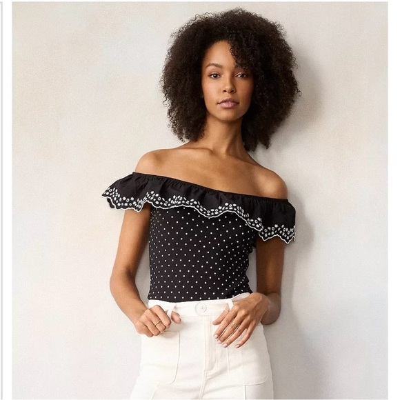 BODYSUIT LC LAUREN CONRAD-BLACK ALLOVER WHITE Polkadot NWT 92% rayon 8% spandex - Picture 2 of 10